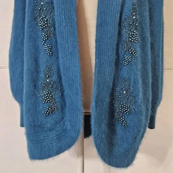 Jamie Teal Blue Angora Open-Front Long-sleeve Cardigan/Sweater Medium - Picture 15 of 16